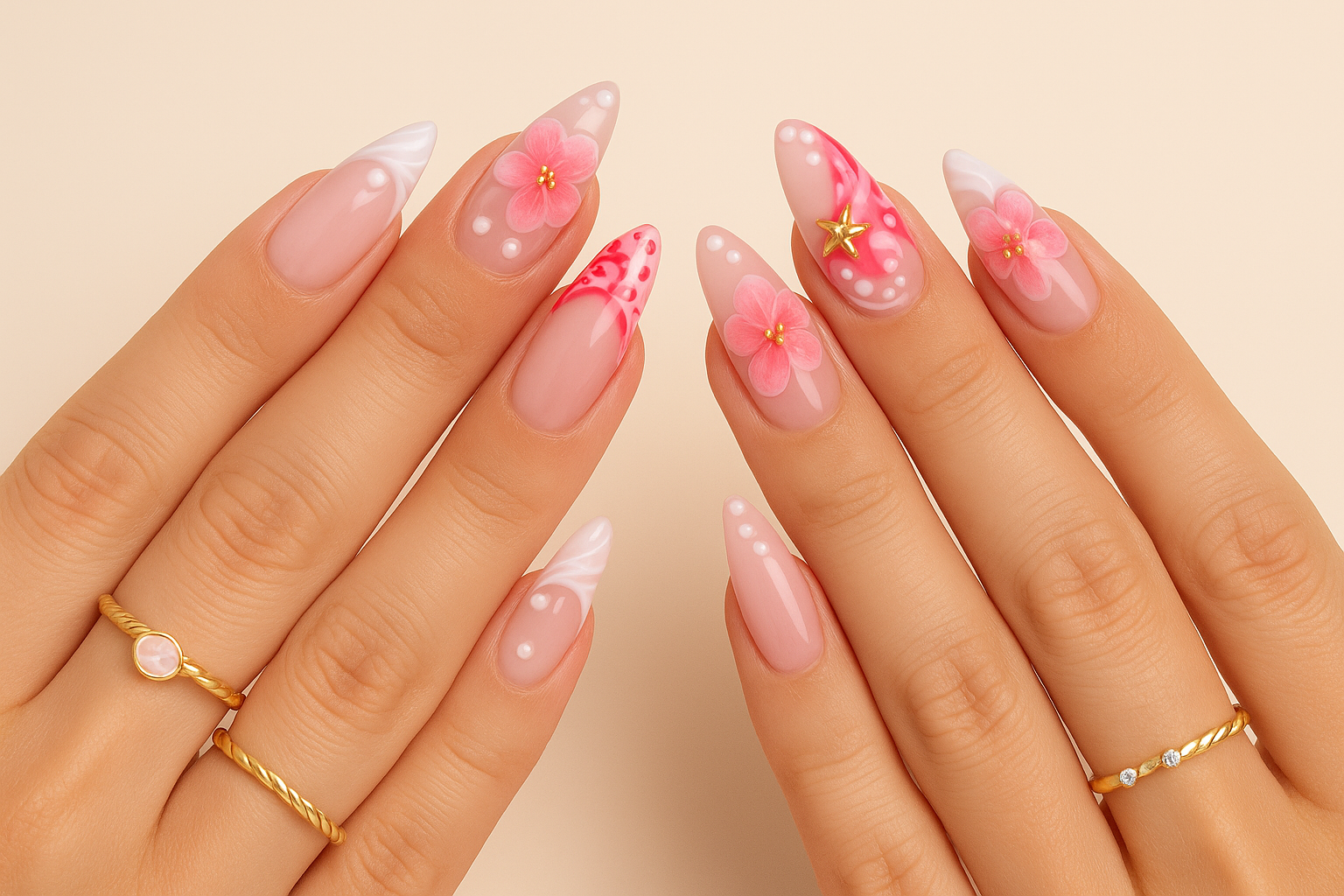 Mains avec des ongles fleuris roses